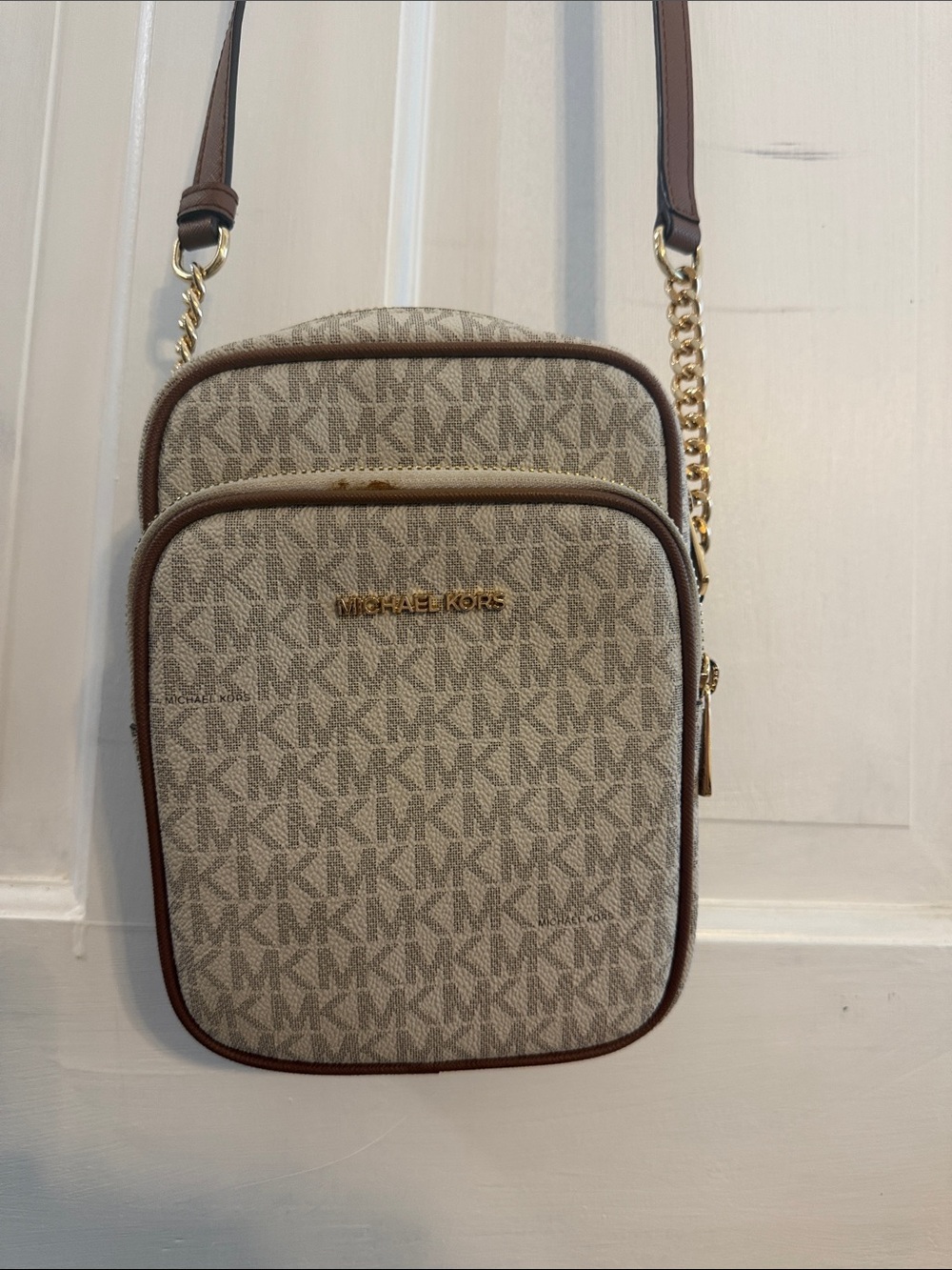 Michael Kors Beige and Brown MK Logo Crossbody Belt Bag